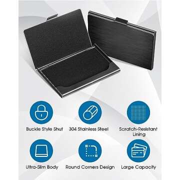 MaxGear Metal Business Card Holder for Men & Women, Professional Stainless Steel Card Case for Business Cards, Slim Purse Name Cards Holders Wallet with Interior Lining, Buckle Style Shut, Black