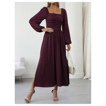 Floerns Maroon Square Neck Lantern Midi Dress for Women