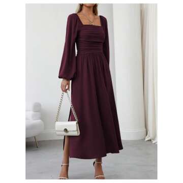 Floerns Maroon Square Neck Lantern Midi Dress for Women