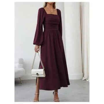 Floerns Maroon Square Neck Lantern Midi Dress for Women