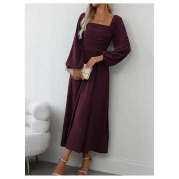 Floerns Maroon Square Neck Lantern Midi Dress for Women
