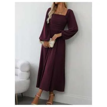 Floerns Maroon Square Neck Lantern Midi Dress for Women