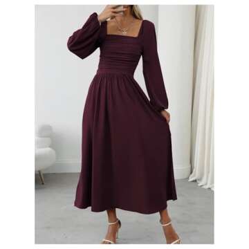 Floerns Maroon Square Neck Lantern Midi Dress for Women