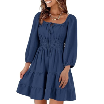 Tankaneo Women's Navy Flowy Mini Dress with Puff Sleeves & Square Neck