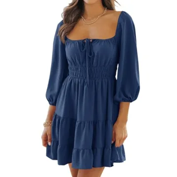 Tankaneo Women's Navy Puff Sleeve Square Neck Mini Dress