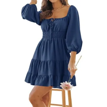 Tankaneo Women's Navy Puff Sleeve Square Neck Mini Dress