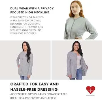 Inspired Comforts Mastectomy Recovery Shirt with Drain Pockets & Drainage Tube Fasteners, Grey L