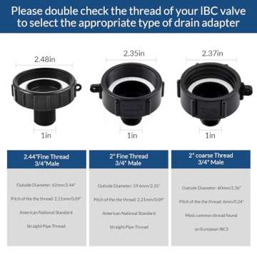 275 330 IBC Tote Adapter, Food Grade IBC Drain Adapter,Water Hose Male Adapter for Garden Hose,2" coarse Thread X Male 3/4" G Hose+2" Fine Thread+2.44" Fine Thread
