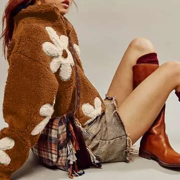 Maixang Womens Floral Print Sherpa Fleece Jackets Winter Zipper Cropped Coat Casual Long Sleeve Outwear with Pockets(Brown,XL)