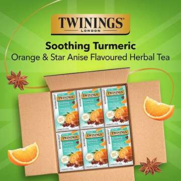Twinings Superblends Soothing Turmeric Orange & Star Anise Flavoured Herbal Tea Caffeine-Free, 18 Tea Bags (Pack of 6), Enjoy Hot or Iced