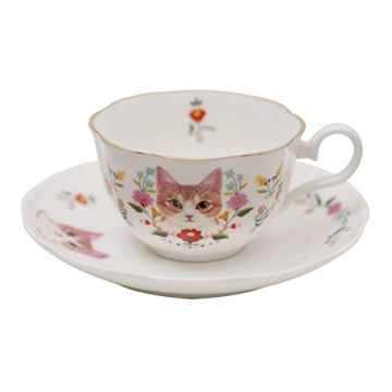 123Arts Ceramic Cat and Flower Teacup Set with Saucer