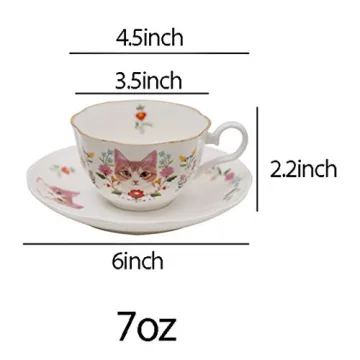 123Arts Ceramic Cat and Flower Teacup Set with Saucer