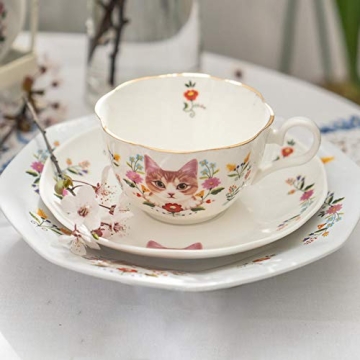 123Arts Ceramic Cat and Flower Teacup Set with Saucer