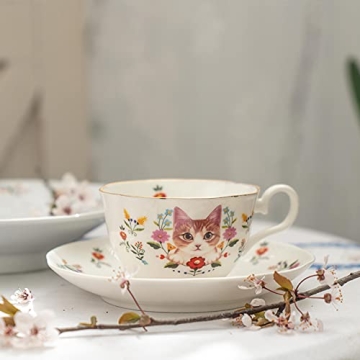 123Arts Ceramic Cat and Flower Teacup Set with Saucer