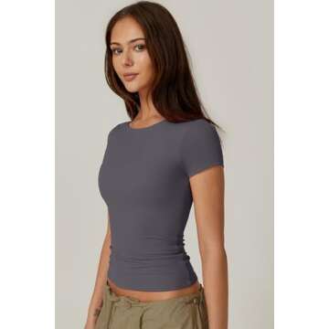 QINSEN Short Sleeve Tee Shirt for Women Crewneck Slim Fit Going Out Tops Y2k T Shirts Dark Grey Small