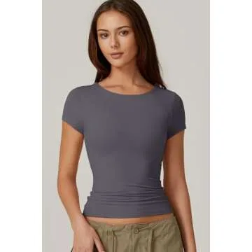QINSEN Short Sleeve Tee Shirt for Women Crewneck Slim Fit Going Out Tops Y2k T Shirts Dark Grey Small