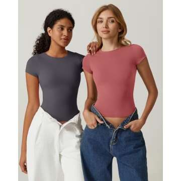 QINSEN Short Sleeve Tee Shirt for Women Crewneck Slim Fit Going Out Tops Y2k T Shirts Dark Grey Small