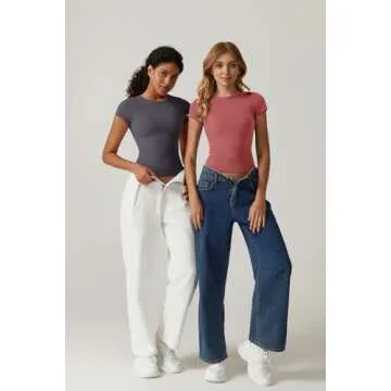 QINSEN Short Sleeve Tee Shirt for Women Crewneck Slim Fit Going Out Tops Y2k T Shirts Dark Grey Small