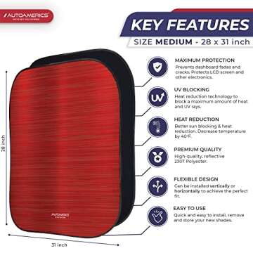 Autoamerics 2-Piece Windshield Sun Shade - Metallic Red Foldable Car Front Window Sunshade for Most ...