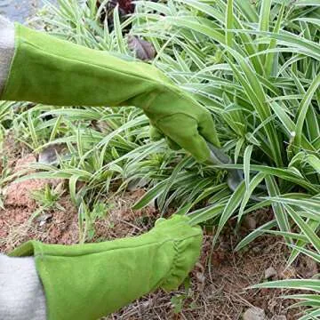 HANDLANDY Ladies Leather Gardening Gloves, Thorn Proof Long Gauntlet Heavy Duty Garden Gloves, Elbow Length Women Rose Pruning Gloves (Medium, Green)