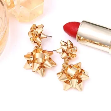 VK Accessories Christmas Earrings Christmas Gift Bow Stud Drop Dangle Earrings (Gold)