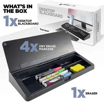 Desktop Dry Erase Board - Glass Erase Board - Black Desk Computer Buddy – Home Office & Studying Essentials - Phone & Tablet Slot, Storage Compartment - Includes 4 Markers, 1 Eraser.