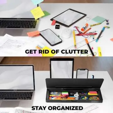 Desktop Dry Erase Board - Glass Erase Board - Black Desk Computer Buddy – Home Office & Studying Essentials - Phone & Tablet Slot, Storage Compartment - Includes 4 Markers, 1 Eraser.