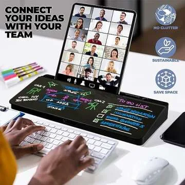 Desktop Dry Erase Board - Glass Erase Board - Black Desk Computer Buddy – Home Office & Studying Essentials - Phone & Tablet Slot, Storage Compartment - Includes 4 Markers, 1 Eraser.