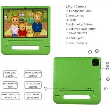 JREN Kids Tablet 10" - 4GB RAM, 64GB Storage, Green