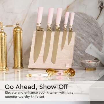 Pink Knife Set with Magnetic Knife Block - 6 PC Pink and Gold Knife Set with Block Includes Pink Kit...