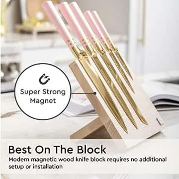 Pink Knife Set with Magnetic Knife Block - 6 PC Pink and Gold Knife Set with Block Includes Pink Kitchen Knife Set & Ashwood Magnetic Knife Holder - Pink Kitchen Accessories