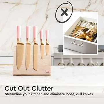 Pink Knife Set with Magnetic Knife Block - 6 PC Pink and Gold Knife Set with Block Includes Pink Kitchen Knife Set & Ashwood Magnetic Knife Holder - Pink Kitchen Accessories