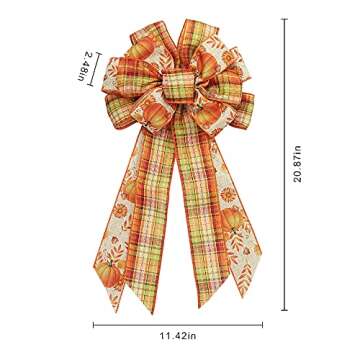Large Fall Orange Red Plaid Bow Wreath Pumpkin Leaves Bow for Fall Décor - Autumn Thanksgiving Bow ...