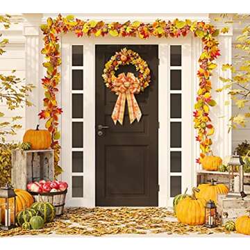 Large Fall Orange Red Plaid Bow Wreath Pumpkin Leaves Bow for Fall Décor - Autumn Thanksgiving Bow for Front Door Indoor Outdoor Wall Decoration Supplies Ornaments
