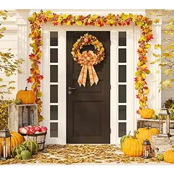 Large Fall Orange Red Plaid Bow Wreath Pumpkin Leaves Bow for Fall Décor - Autumn Thanksgiving Bow for Front Door Indoor Outdoor Wall Decoration Supplies Ornaments