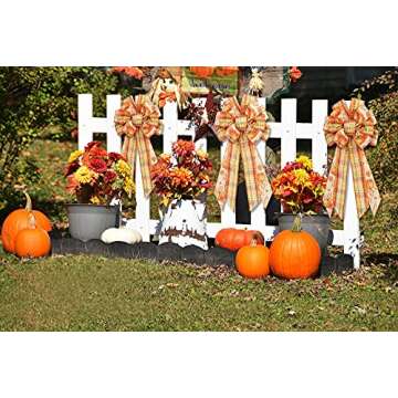 Large Fall Orange Red Plaid Bow Wreath Pumpkin Leaves Bow for Fall Décor - Autumn Thanksgiving Bow for Front Door Indoor Outdoor Wall Decoration Supplies Ornaments