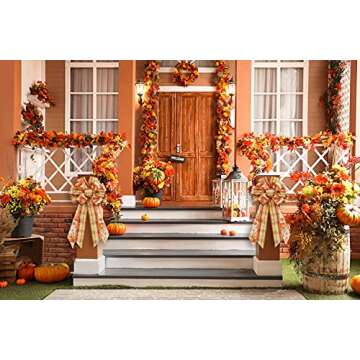 Large Fall Orange Red Plaid Bow Wreath Pumpkin Leaves Bow for Fall Décor - Autumn Thanksgiving Bow for Front Door Indoor Outdoor Wall Decoration Supplies Ornaments