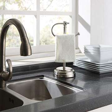 SunnyPoint Heavy Weight Classic Decorative Metal Fingertip Towel Holder Stand for Bathroom, Kitchen, Vanity and Countertops. (Brush Chrome, 13.5" x 5.5" x 5.5" INCH)