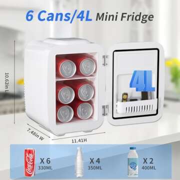 YASHE Mini Fridge, 4 Liter/6 Cans Small Refrigerator for Skincare, 110V AC/ 12V DC Thermoelectric Co...