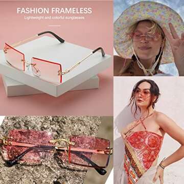 ADE WU Rimless Rectangle Sunglasses for Women Men,Trendy Fashion Sheer Pink,Blue Lens Frameless Glasses（2 PACK