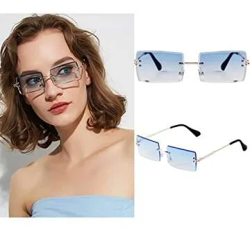ADE WU Rimless Rectangle Sunglasses for Women Men,Trendy Fashion Sheer Pink,Blue Lens Frameless Glasses（2 PACK