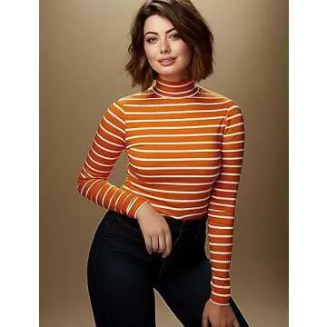 Zengjo Womens Mock Turtleneck Ribbed Long Sleeve (Orange & White,L)