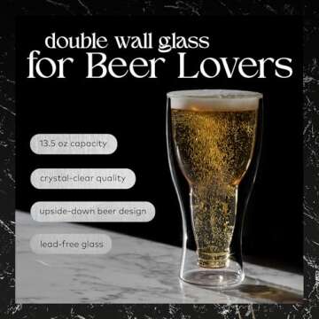 Dragon Glassware Beer Glasses - 13.5 oz Clear Double Wall Insulated Beer Glass Set of 2 - Upside Dow...