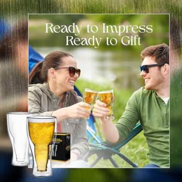 Dragon Glassware Beer Glasses - 13.5 oz Clear Double Wall Insulated Beer Glass Set of 2 - Upside Down Design - Holds One Full Bottle - Freezer Safe