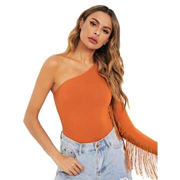 Verdusa Women's Fringe Trim One Shoulder Long Sleeve Bodysuit Top Burnt Orange L