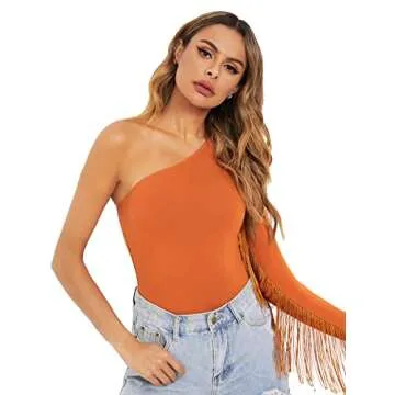 Verdusa Women's Fringe Trim One Shoulder Long Sleeve Bodysuit Top Burnt Orange L