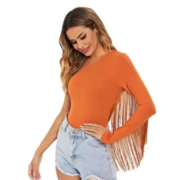 Verdusa Women's Fringe Trim One Shoulder Long Sleeve Bodysuit Top Burnt Orange L