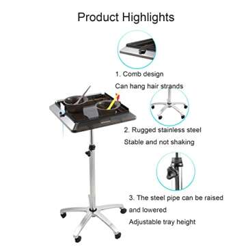 Rolling Salon Tray Cart Height Adjustable, Rolling Aluminum Tray Cart on Wheels for Hair Stylist, Hair Salon Wig Holder Removable Hair Extension Tool Tray