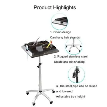 Rolling Salon Tray Cart Height Adjustable, Rolling Aluminum Tray Cart on Wheels for Hair Stylist, Hair Salon Wig Holder Removable Hair Extension Tool Tray
