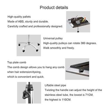 Rolling Salon Tray Cart Height Adjustable, Rolling Aluminum Tray Cart on Wheels for Hair Stylist, Hair Salon Wig Holder Removable Hair Extension Tool Tray